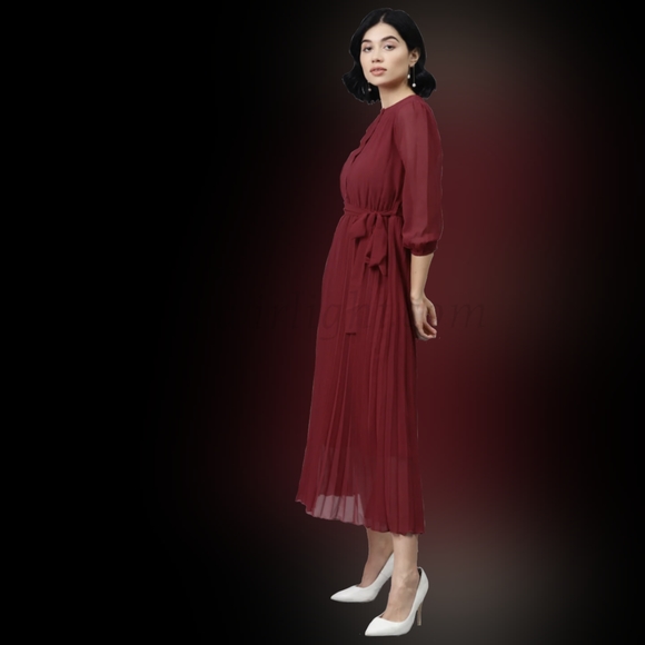 Vina: Wine-Colored Pleated Midi Dress - Picture 2 of 3